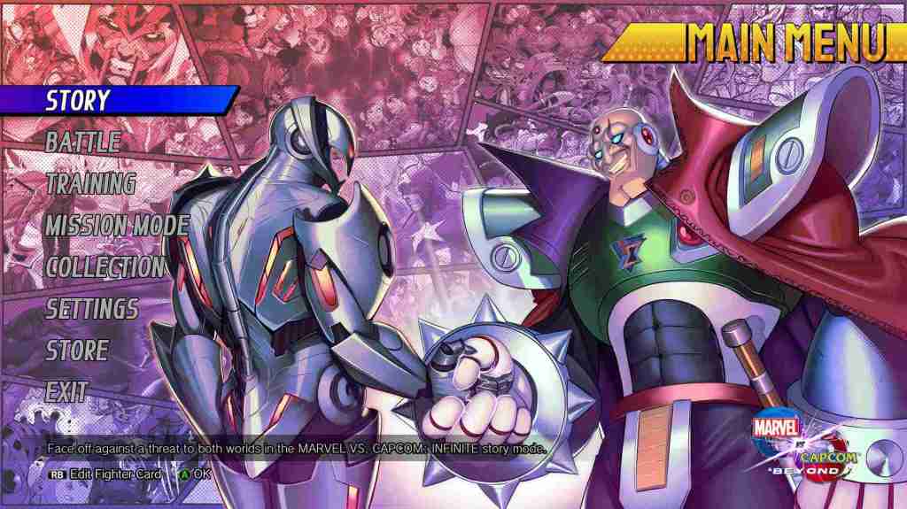 The Marvel vs. Capcom Infinite Beyond Menu.