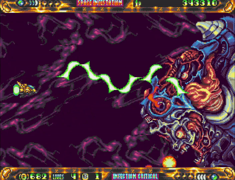 An animated GIF of a spaceship fighting a boss enemy in ZPF