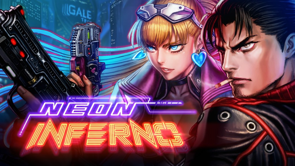 Promotional artwork for Neon Inferno featuring the male and female protagonists