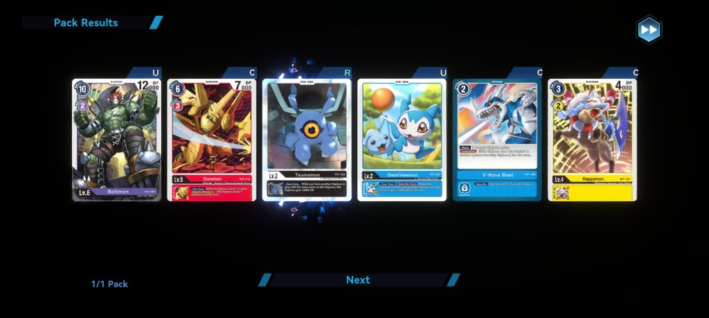 A screenshot of Digimon Alysion's pack opening screen