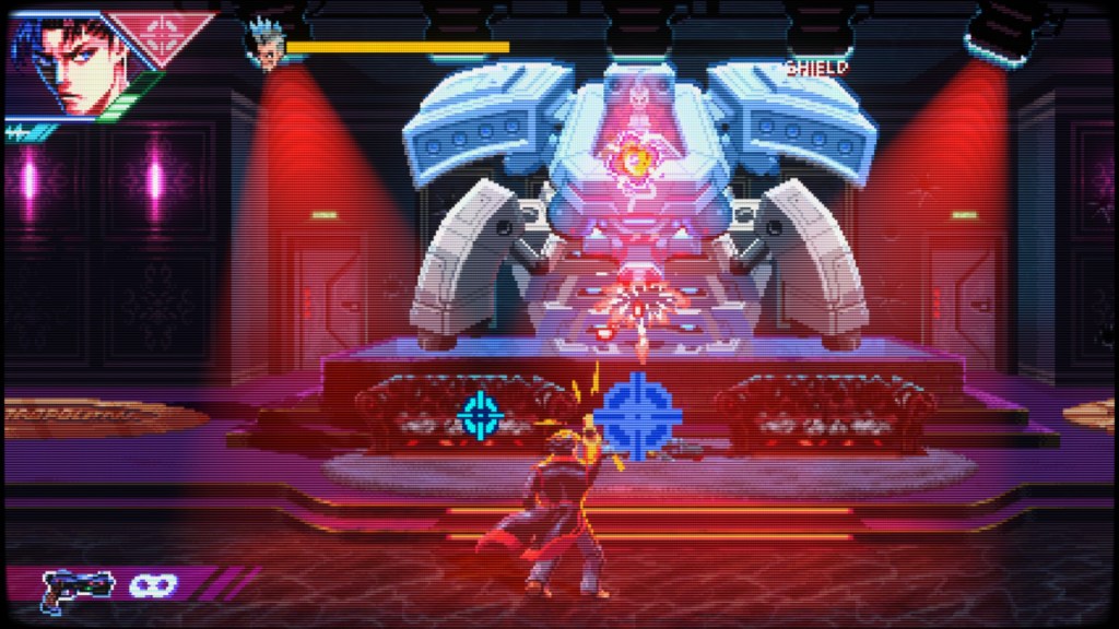 An image of Angelo fighting a boss in Neon Inferno