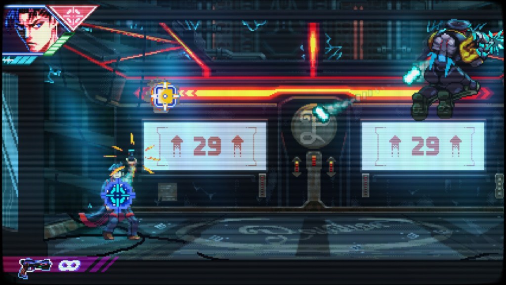 Angelo shooting into the background in Neon Inferno