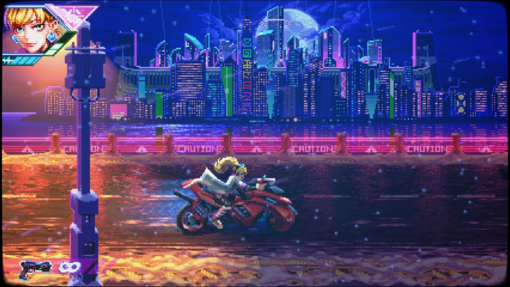 Mariana riding a motorcycle in Neon Inferno