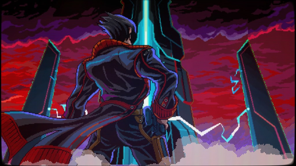 Angelo posing heroically in front of The Don's building in Neon Inferno